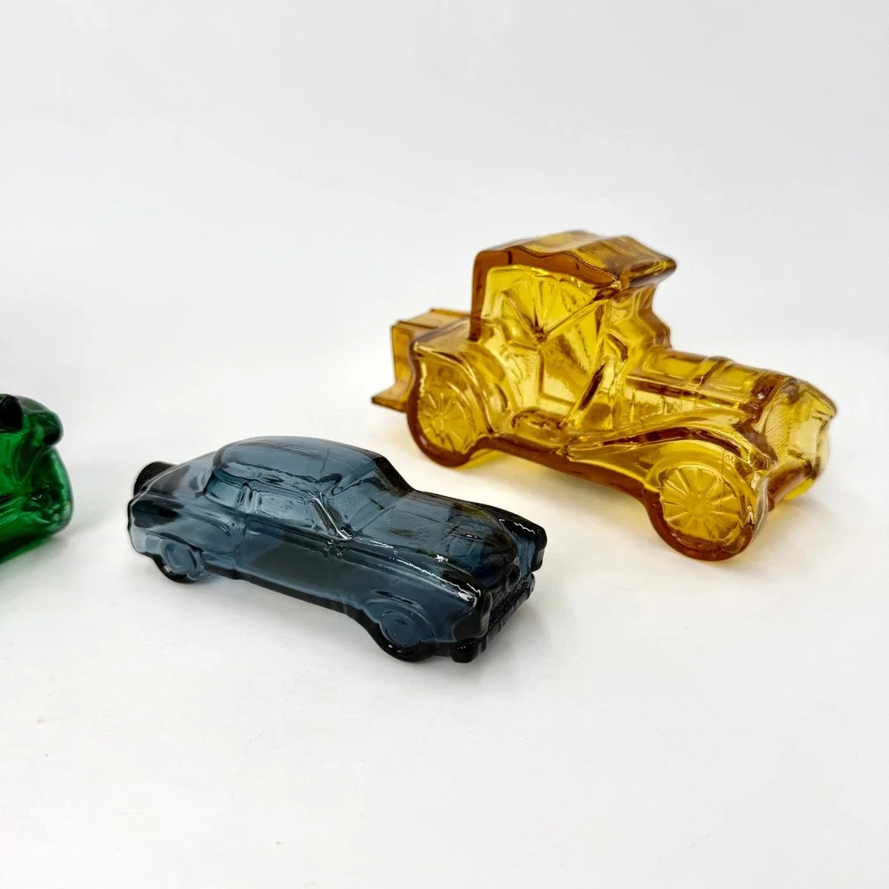 Avon Vintage Glass Car After Shave Bottles Set of 3 Green Amber Blue MCM Decor
